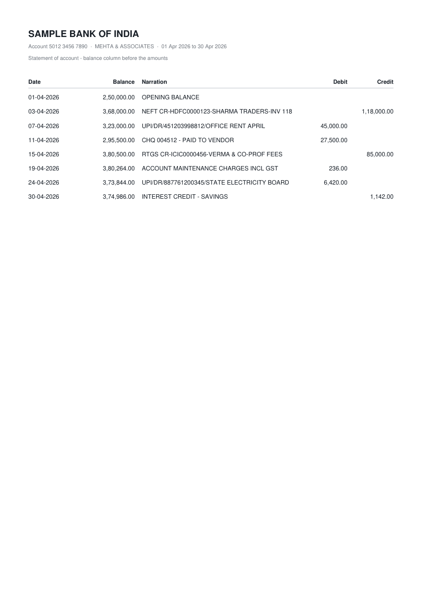 First page of the Balance before the amounts sample statement